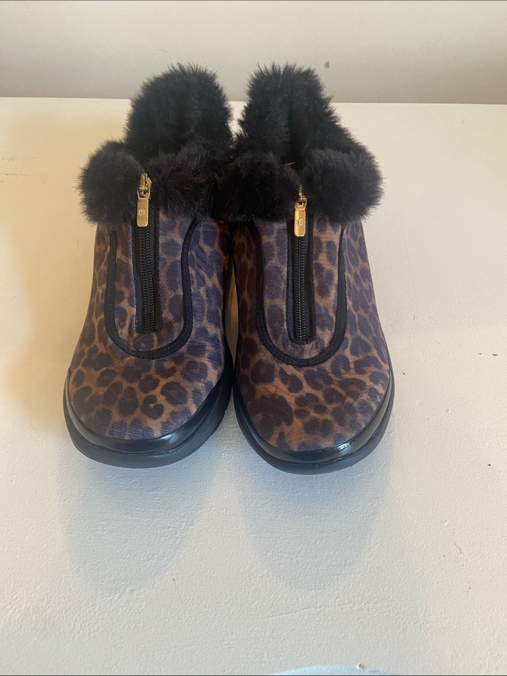 Bzees Leopard Print Zip Slip-On with Black Fur Trim